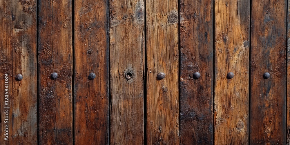 Aged brown wooden planks with polished and weathered texture arranged vertically, featuring varied tones with dark circular fasteners embedded. Aged brown wooden planks with polished and weathered texture arranged vertically, featuring varied tones with dark circular fasteners embedded.