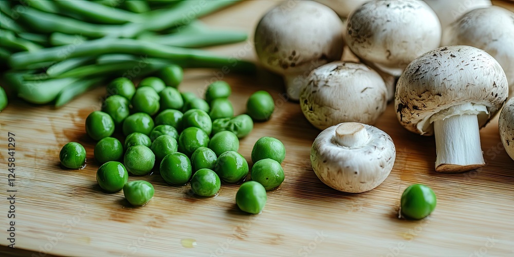 Fresh green peas and white mushrooms beautifully arranged on a light wooden cutting board, with vibrant green peas near the top left corner. Fresh green peas and white mushrooms beautifully arranged on a light wooden cutting board, with vibrant green peas near the top left corner.