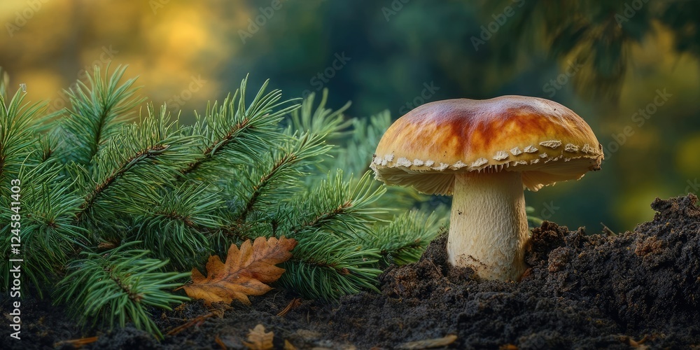 Fototapeta premium Lone porcini mushroom with a glossy cap positioned on rich dark soil surrounded by green pine needles and autumn leaves in a soft blurred background.