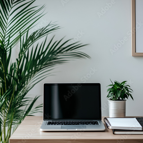Workspace Serenity: A modern, minimalistic workspace is presented featuring a sleek laptop set upon a light wooden desk alongside lush indoor plants, evoking a sense of productivity and tranquility.