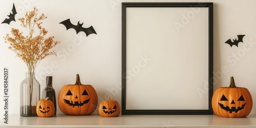Wallpaper Mural Halloween themed mockup frame displaying an empty poster on a light wall surrounded by orange jack o lanterns and decorative bat motifs. Torontodigital.ca