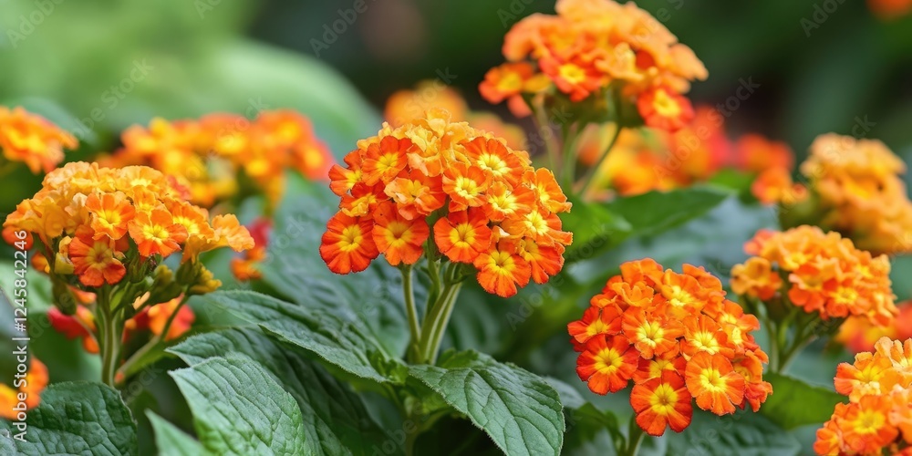 Vibrant orange and yellow Lantana flowers in full bloom surrounded by lush green foliage enhancing a bright spring atmosphere. Vibrant orange and yellow Lantana flowers in full bloom surrounded by lush green foliage enhancing a bright spring atmosphere.