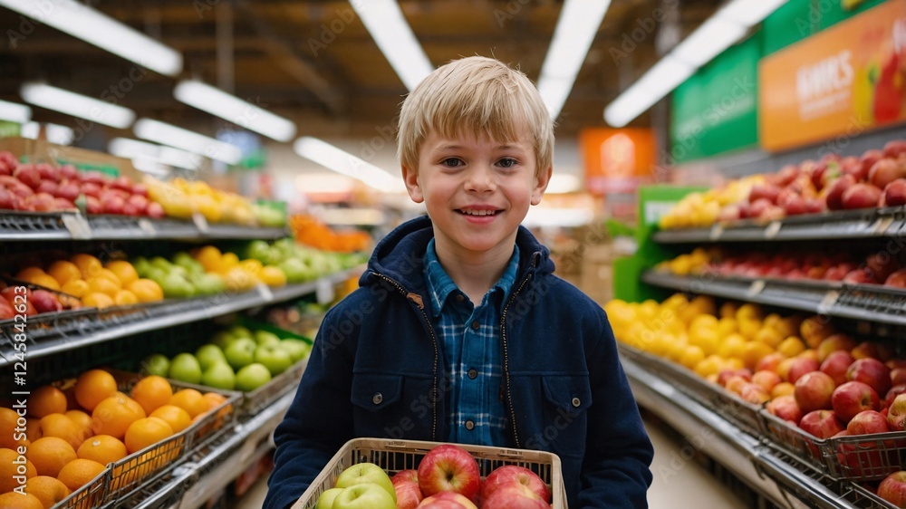 Joyful moments shared by children selecting fresh produce in a colorful supermarket aisle filled with vibrant fruits