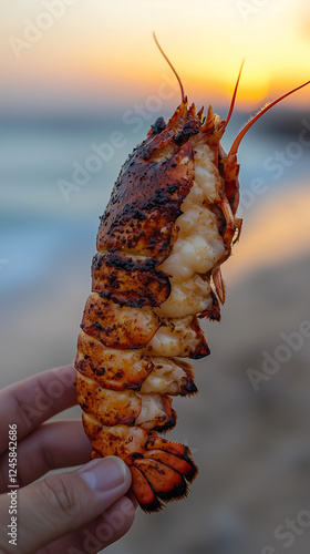 Grilled Shrimp Seafood on the Beach at Sunset photo