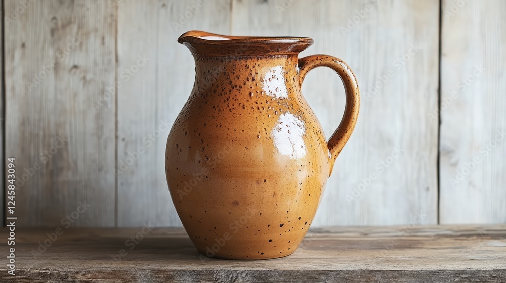 A large ceramic jug of amber drink with condensation droplets, sitting on a simple wooden surface with a clean background A large ceramic jug of amber drink with condensation droplets, sitting on a simple wooden surface with a clean background