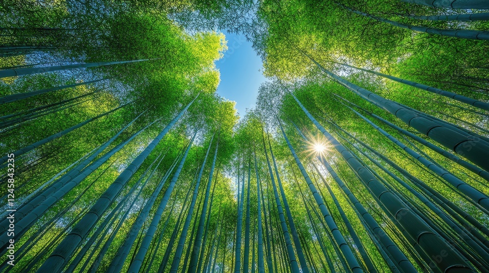 Lush green bamboo forest reaching towards a bright blue sky with sun peeking through leaves Lush green bamboo forest reaching towards a bright blue sky with sun peeking through leaves
