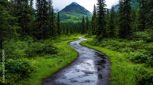 A winding wooden path leads through a lush green meadow with towering trees and misty mountain views in the distance photo