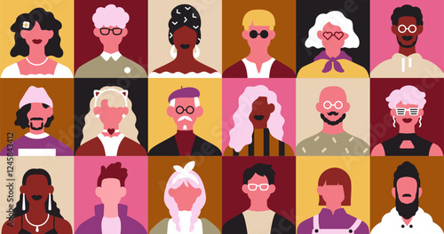 Diverse characters, avatars grid. Different people head portraits pattern in modern style. Creative men, women, abstract faces. Fashion stylish male and female set. Colored flat vector illustration