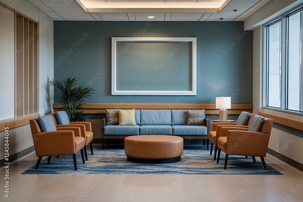 Modern Hospital Lounge Design with Stylish Seating and Empty Wall Frame Modern Hospital Lounge Design with Stylish Seating and Empty Wall Frame