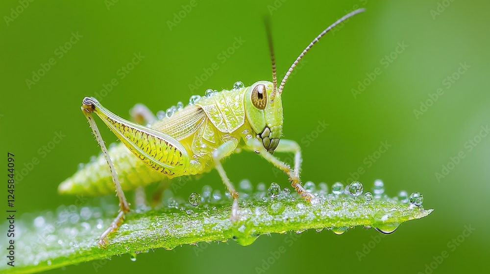 Fototapeta premium Green grasshopper on dew-covered leaf, nature background, macro photography, website banner