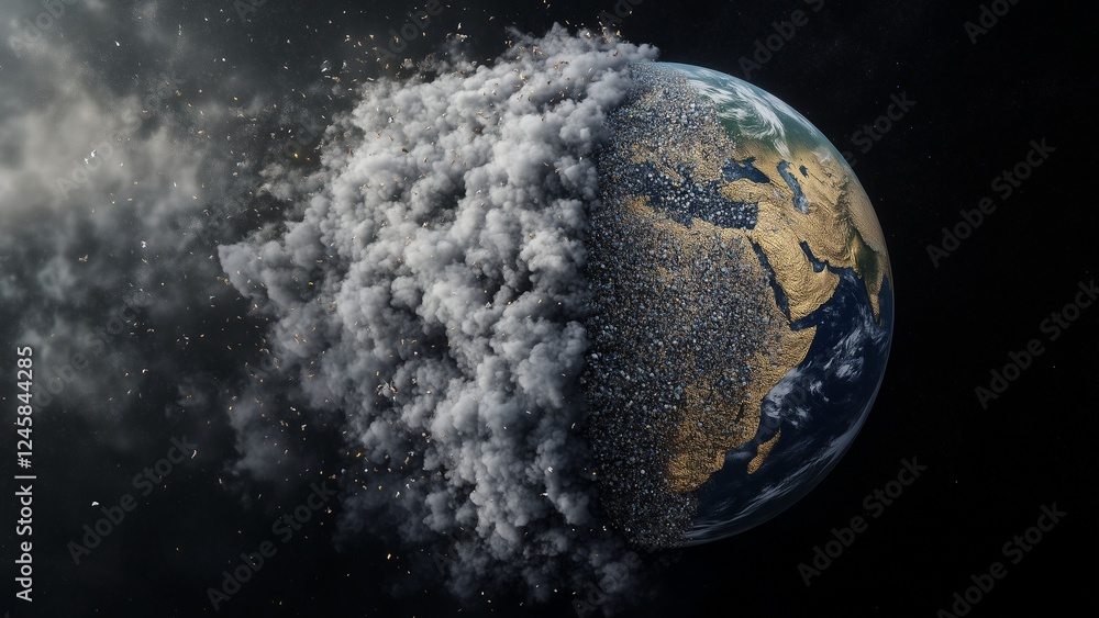 Fototapeta premium conceptual digital art of Earth covered in a layer of PM2.5 pollution with one side being cleaned by nature, dramatic environmental contrast, ultra-detailed
