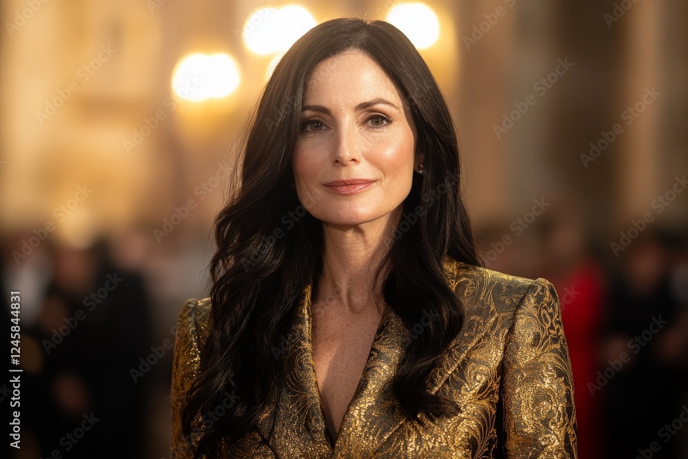 Obraz premium Elegant woman in a golden outfit poses confidently at a high-profile evening event in an exquisite setting