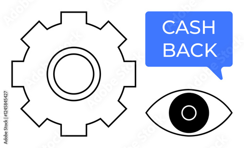 Gear, eye, and Cash Back text bubble. Ideal for business automation, financial incentives, customer loyalty, innovation, productivity strategic vision technology. Abstract line flat metaphor