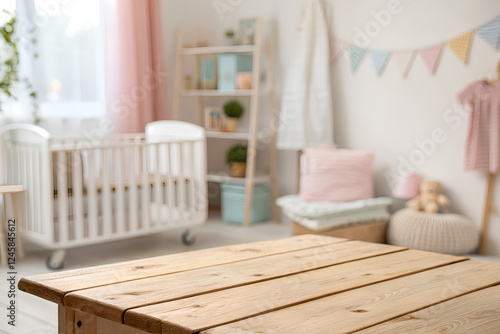Empty wooden table in baby room interior blurred