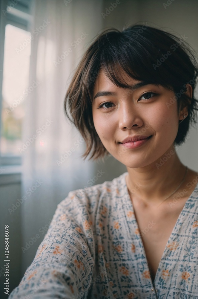 Young asian woman smiling indoors near window with soft natural light and casual outfit Young asian woman smiling indoors near window with soft natural light and casual outfit