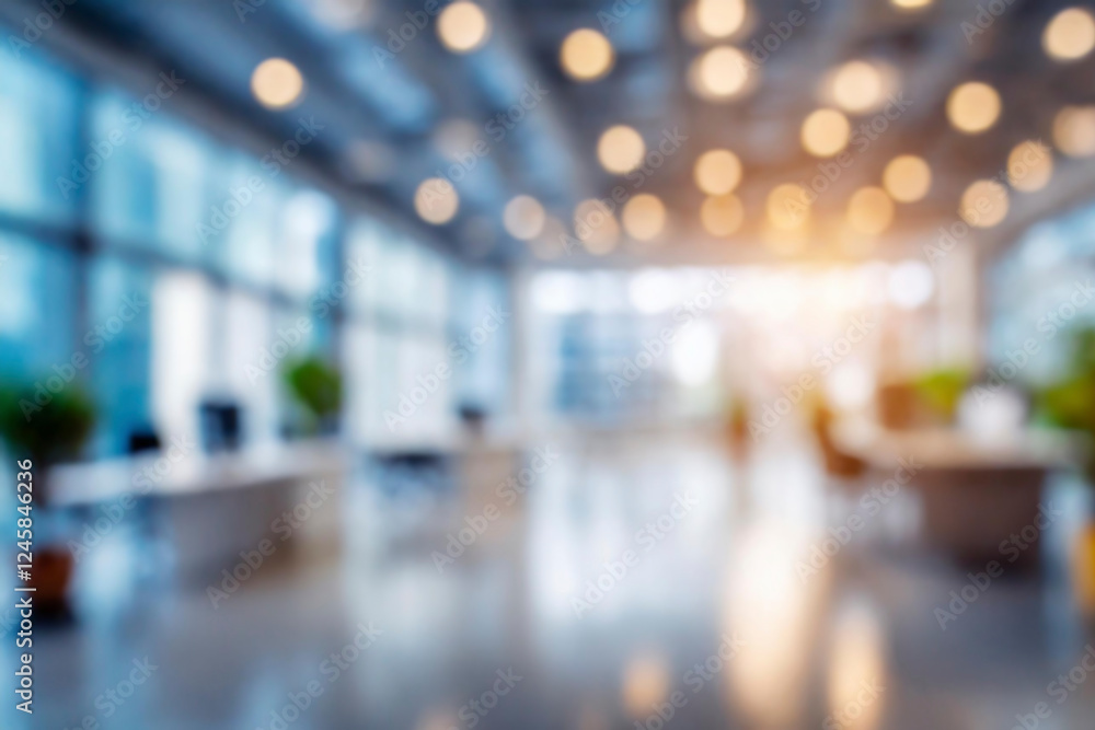 Blurred empty open space office. Abstract light bokeh at office interior background Blurred empty open space office. Abstract light bokeh at office interior background