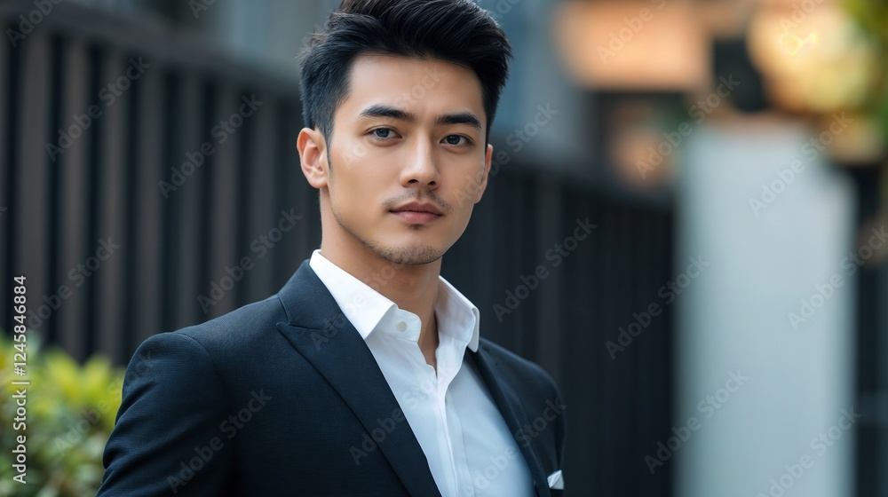 Young Asian executive in black suit outdoors. Ideal for professional success, leadership, and modern business Young Asian executive in black suit outdoors. Ideal for professional success, leadership, and modern business
