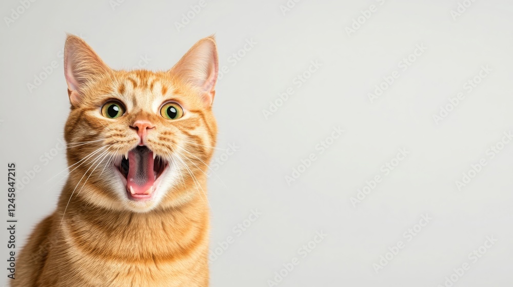 Surprised Ginger Cat with Open Mouth Against a Neutral Background A Funny Pet Image
