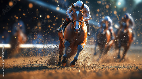 Experience the adrenaline as a chestnut racehorse and jockey kick up dust in a thrilling horse race.