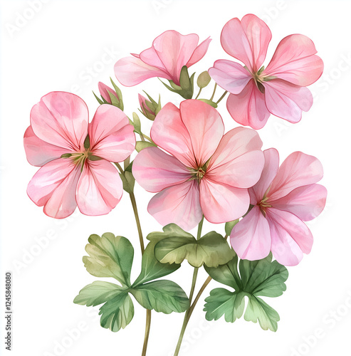  geranium flowers, on a white background, with a pink and green color palette.