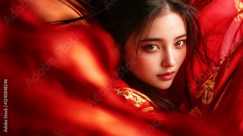 Asian woman in red fabric with dramatic lighting. Ideal for fashion editorial, cultural art, and creative portraiture