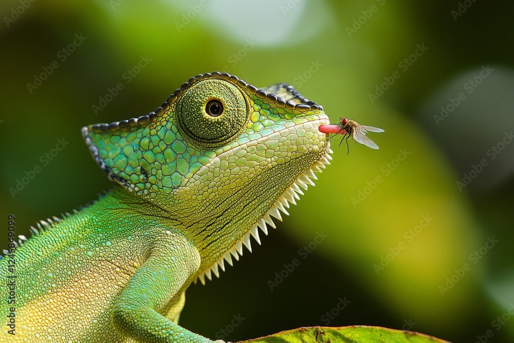 Obraz premium Chameleon poised to catch a fly in a lush tropical environment during daylight hours