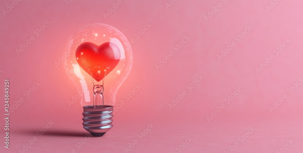 Light Bulb Red Heart on Pink Background with Copy Space for Love Inspiration and Creative Ideas Light Bulb Red Heart on Pink Background with Copy Space for Love Inspiration and Creative Ideas