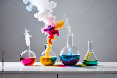Smoking and burning bottles of chemical reagents in a chemical laboratory ,a white backgroud  laboratory setting where a beakers bubble    smoking on table 