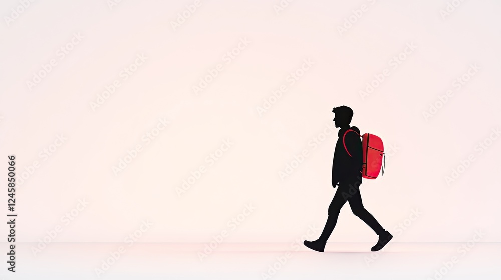 Silhouette of a person walking with a red backpack against a minimalistic background Silhouette of a person walking with a red backpack against a minimalistic background