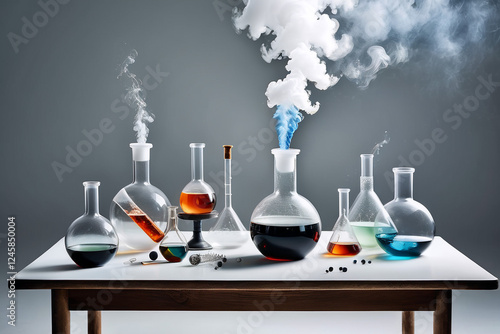 Smoking and burning bottles of chemical reagents in a chemical laboratory ,a white backgroud  laboratory setting where a beakers bubble    smoking on table 