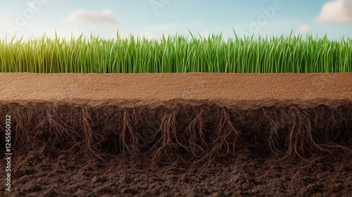 Lush Green Grass Roots System and Soil Cross Section Nature s Underground World Revealed photo