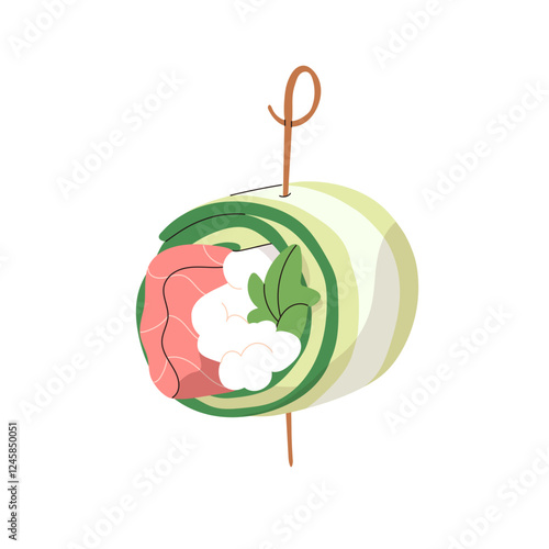 Canape on stick. Cold snack, buffet finger food, bite with salmon, cucumber s...