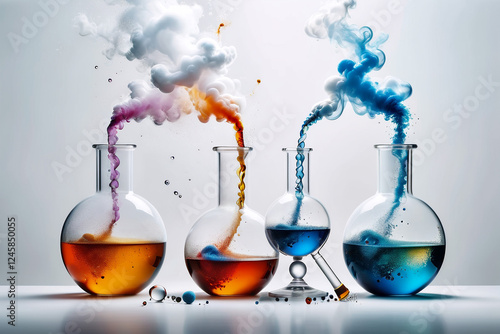 Smoking and burning bottles of chemical reagents in a chemical laboratory ,a white backgroud  laboratory setting where a beakers bubble    smoking on table 