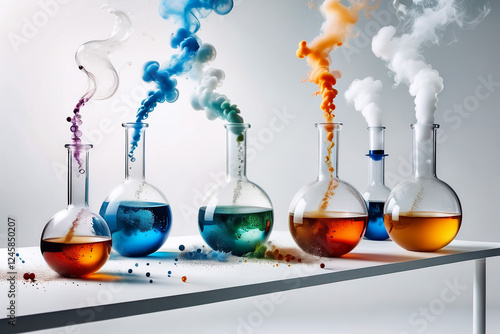 Smoking and burning bottles of chemical reagents in a chemical laboratory ,a white backgroud  laboratory setting where a beakers bubble    smoking on table 