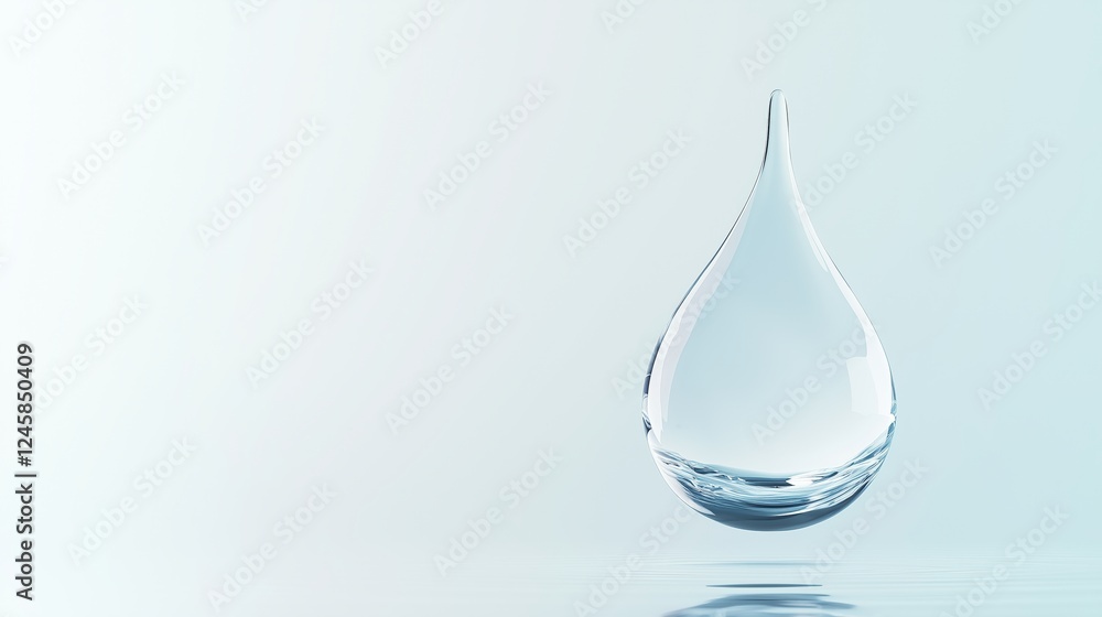 Close-up of a transparent water droplet on a reflective surface. Concept of purity and hydration. Close-up of a transparent water droplet on a reflective surface. Concept of purity and hydration.
