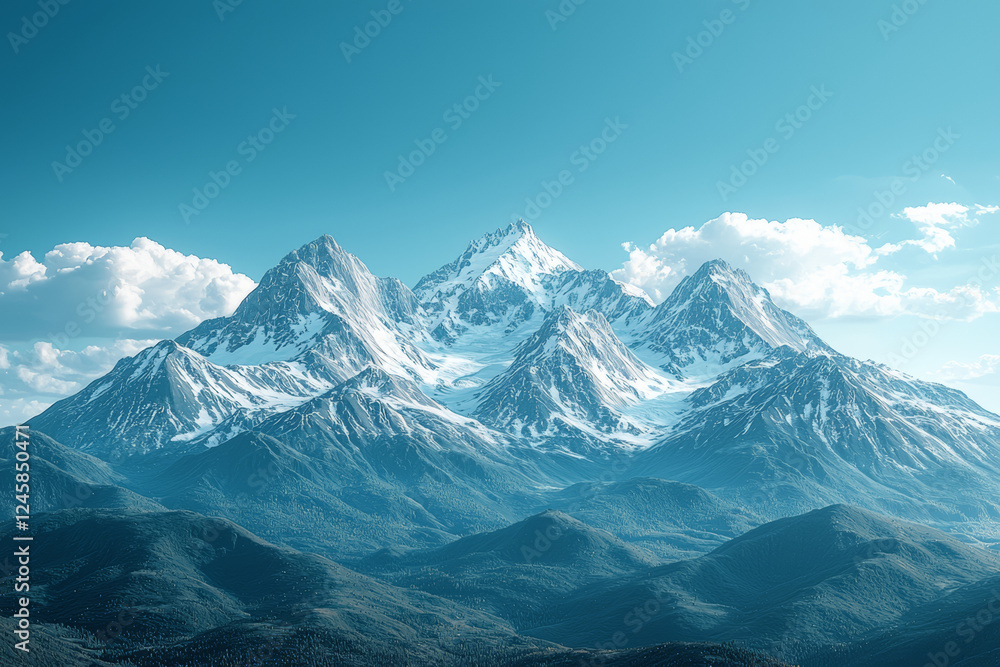 Obraz premium Majestic snow capped mountains under clear blue sky with lush green foothills