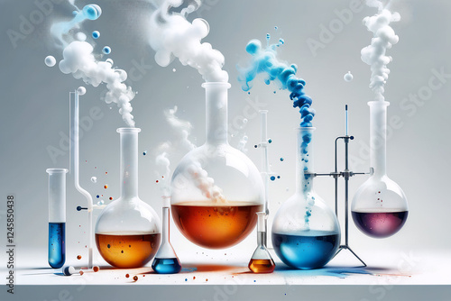 Smoking and burning bottles of chemical reagents in a chemical laboratory ,a white backgroud  laboratory setting where a beakers bubble    smoking on table 