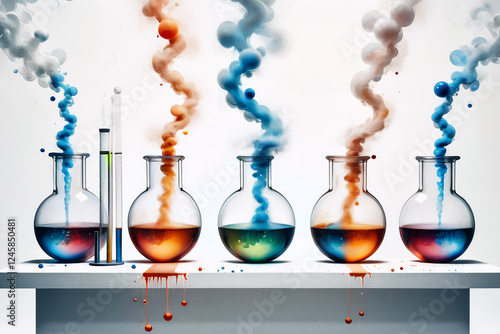 Smoking and burning bottles of chemical reagents in a chemical laboratory ,a white backgroud  laboratory setting where a beakers bubble    smoking on table 
