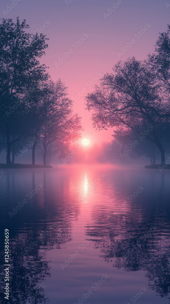 Obraz premium Serene lake at dawn with peaceful sunrise, surrounded by trees and calm reflections