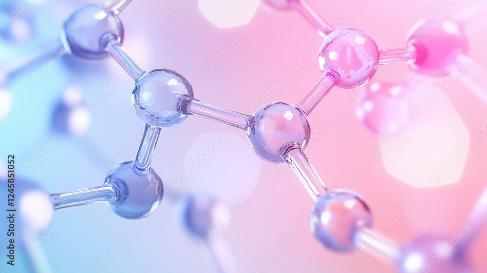 Colorful molecular structure with pink and blue spheres connected by translucent bonds, representing science and chemistry. Colorful molecular structure with pink and blue spheres connected by translucent bonds, representing science and chemistry.