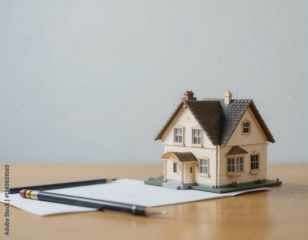 A mini house on a wooden table. Two pencils on blank sheets of paper, creating a neat and organized workspace A mini house on a wooden table. Two pencils on blank sheets of paper, creating a neat and organized workspace