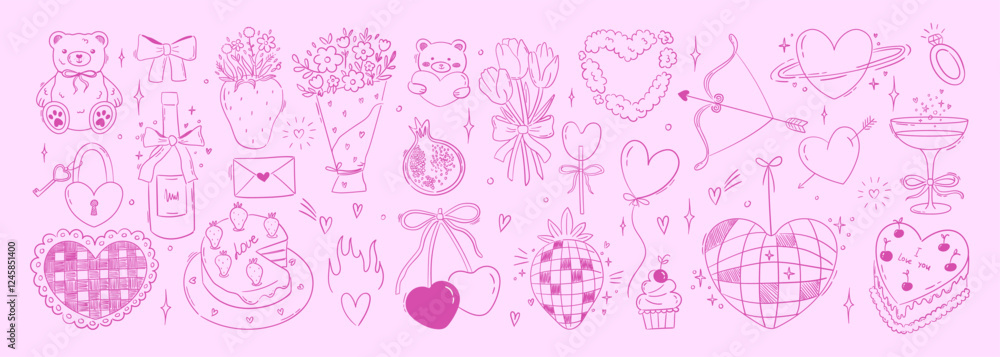 Set of line art whimsical illustrations for valentine's day. Outline coquette drawings of hearts, cake, flowers, bows and ribbons. Y2k trendy sketch illustrations for card, poster. Vector graphiс Set of line art whimsical illustrations for valentine's day. Outline coquette drawings of hearts, cake, flowers, bows and ribbons. Y2k trendy sketch illustrations for card, poster. Vector graphiс