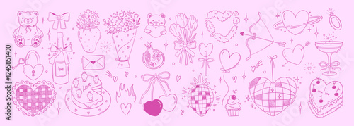 Set of line art whimsical illustrations for valentine's day. Outline coquette drawings of hearts, cake, flowers, bows and ribbons. Y2k trendy sketch illustrations for card, poster. Vector graphiс