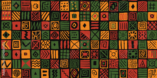 Africa inspired ethnic tribal block tile pattern with simple naive hand drawn ornaments, lines, symbols. Red yellow green black limited color palette