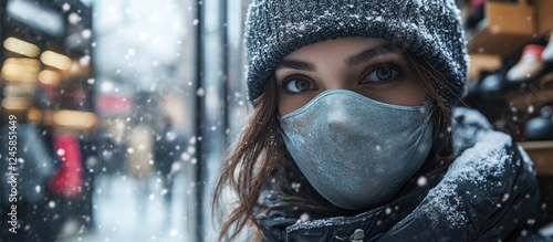 Winter woman in gray protective mask with snowy backdrop and indoor shoe shop showcasing safety and fashion for cold environments photo