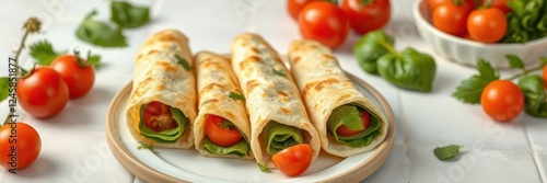 Four tomato and spinach wraps are neatly arranged on a plate, ready for a delicious lunch photo