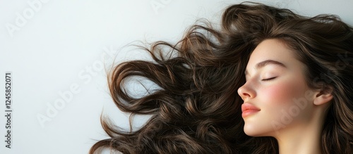 Serene woman sleeping on a white background with flowing brown hair elegantly cascading around her face showcasing tranquility and beauty.