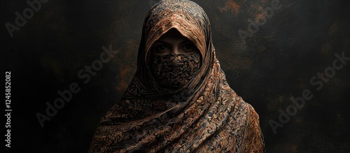 Mysterious woman in dark patterned chador with emotional expression, set against a dimly lit textured background emphasizing earthy tones.
