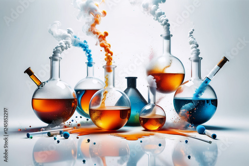 Smoking and burning bottles of chemical reagents in a chemical laboratory ,a white backgroud  laboratory setting where a beakers bubble    smoking on table 