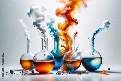   Smoking and burning bottles of chemical reagents in a chemical laboratory ,a white backgroud  laboratory setting where a beakers bubble    smoking on table 